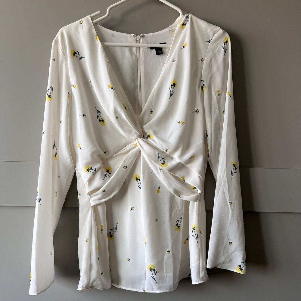 Ann‎ Taylor Floral Twist Blouse Top Womens Sz 4 White Yellow Cottagecore Prairie
